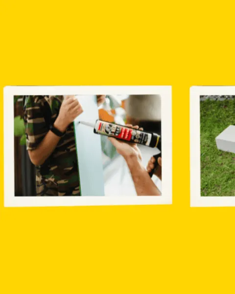  Kampania reklamowa Soudal z hasłami Złap za Soudal i Złap kontakt prezentująca różne produkty w użyciu.