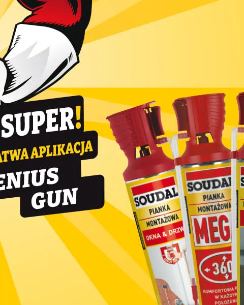 Baner produktowy Soudal Genius Gun prezentujący gamę pianek montażowych i klejów z hasłami: precyzyjne dozowanie, praca jedną ręką, powtórne użycie.