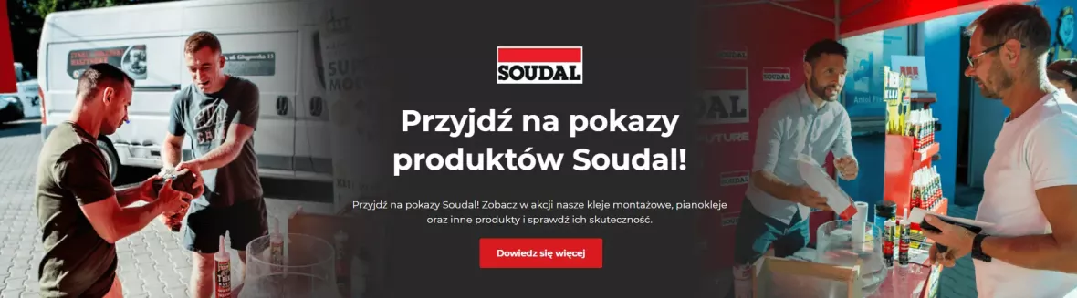Baner reklamujący pokazy klejów Soudal z przyciskiem Dowiedz się więcej