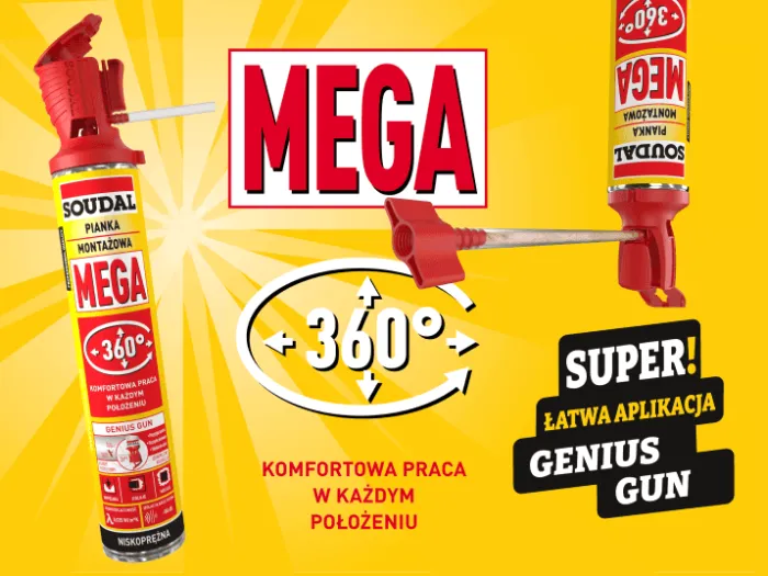 Baner reklamowy pianki montażowej Soudal Mega Genius Gun z technologią 360 stopni umożliwiającą komfortową pracę w każdym położeniu.